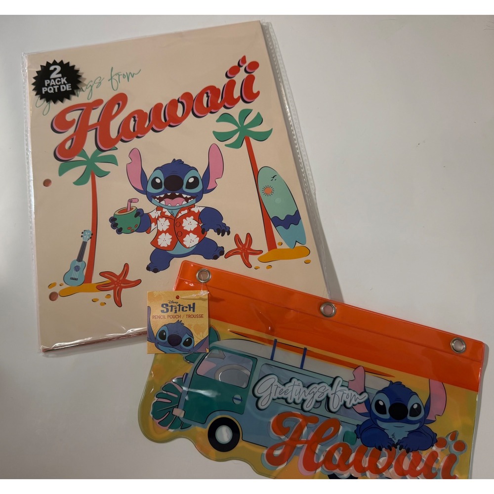 Disney Lilo & Stitch Hawaii Stationery Set 2 Folders and 1 Pencil Pouch New